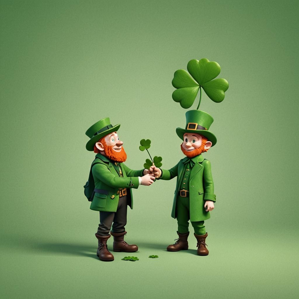 A leprechaun giving a human a 4 leaf shamrock