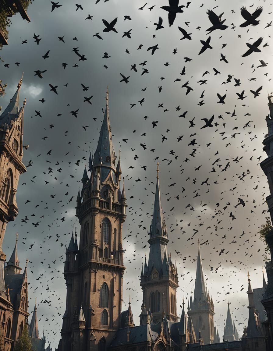 spires, flock of birds, overcast, seen from ground