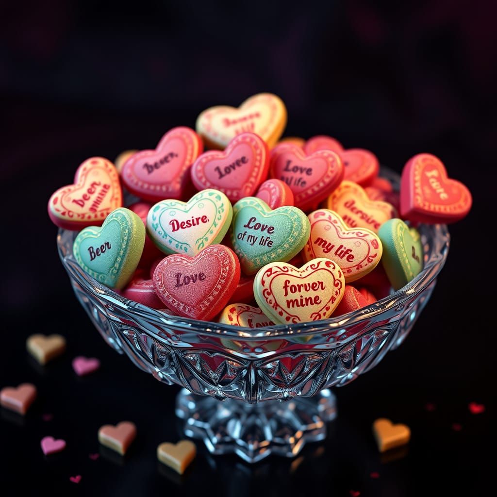 A detailed view of a vibrant collection of candy hearts with intricate designs, featuring whimsical phrases ...  by @PJ