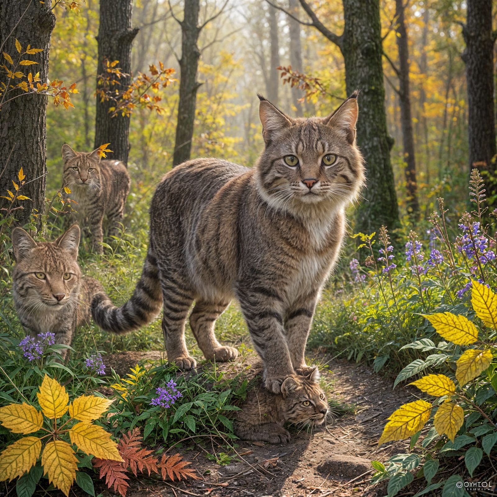 Wildcat Stalking Through Autumn Floral Forest