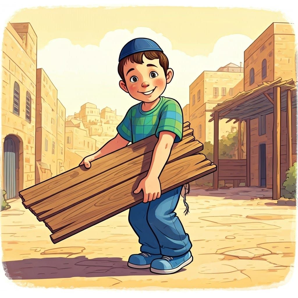 Boy Building a Sukkah in Whimsical Comic Style