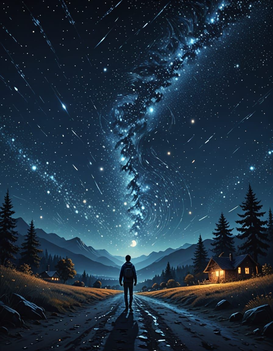 Man walking in Starry Skies night   by @Prisoner-of-thoughts