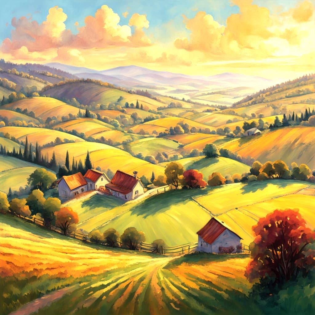 A large panoramic view with fields, green and lush , showing a farm in the distance and hills painted in a cheerful countryside masterpiece ...