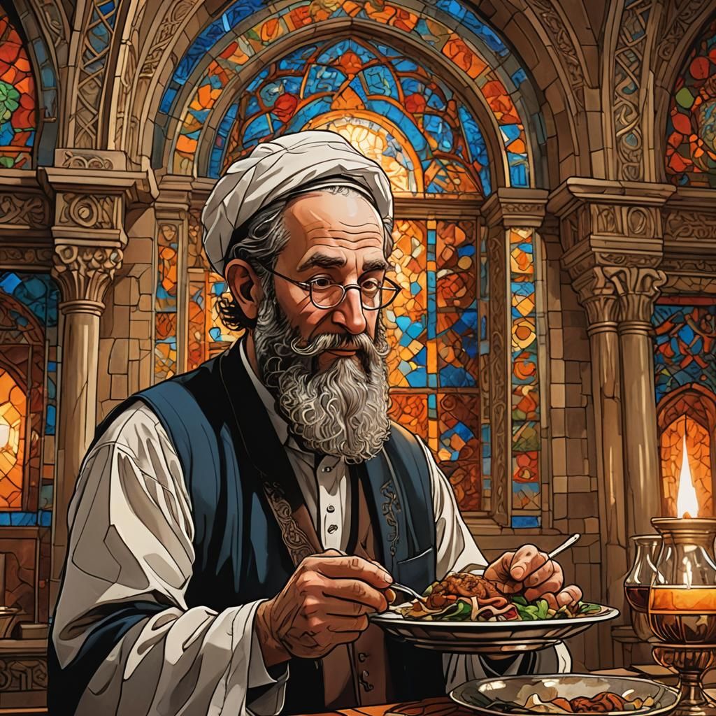 Jewish Rabbi Enjoying Meal: Comic Book Art
