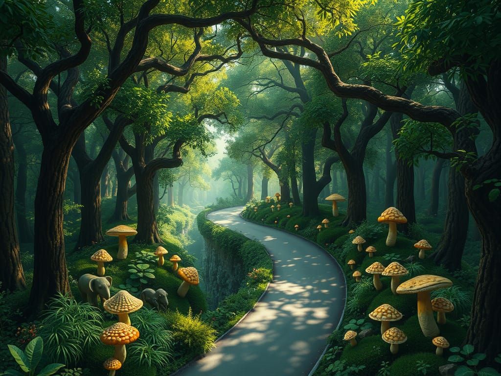 From a bird's eye view, a winding road snakes through an enchanted fey forest, with towering trees forming a canopy of emerald ...