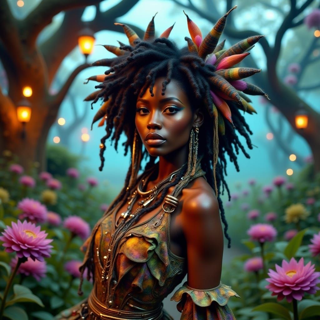 dark-skinned pixie girl with a defiant attitude and a boho punk style, long tumbled disheveled hair. ethnic skin tones, graceful pose, misch...