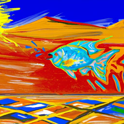 Desert sunrise with fish jumping out of the sand graffiti art, splash