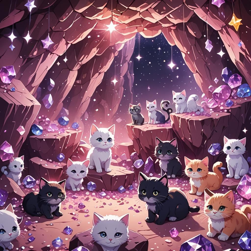 beautiful cave of pink and purple crystals with cute kittens and stars ...