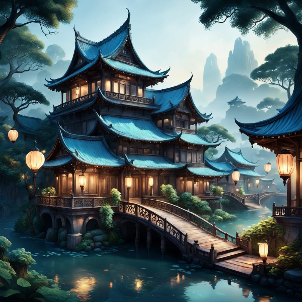 Fantasy River House with Ethereal Mists