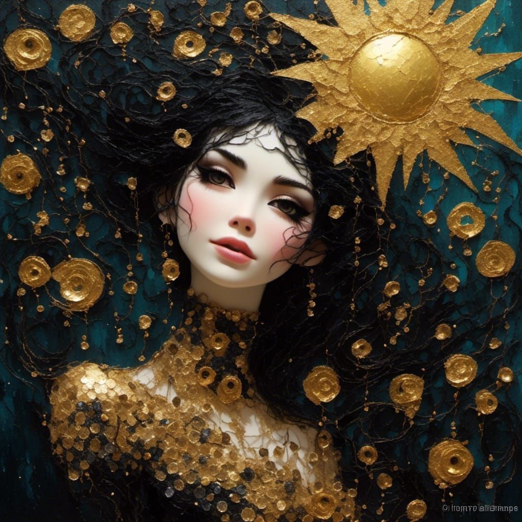 <lora:GothicDream:1.0>close up smile woman, sun, gold glitter pearl floating, a tangled balck hair wearing gothic-punk 
