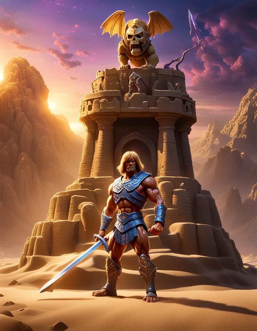 the He-man playing figure holding a sword, on the back of hi...