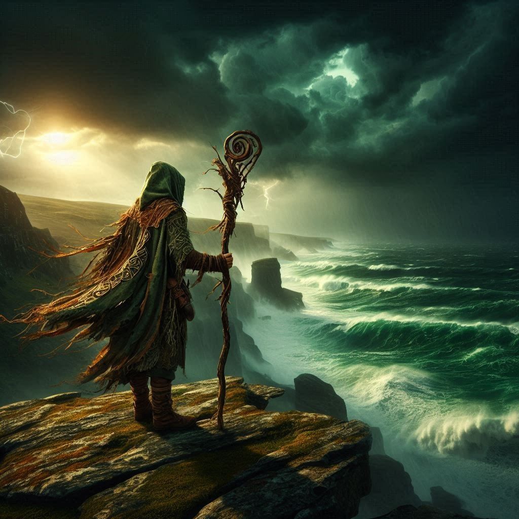 A lone, weathered druid stood atop a windswept cliff