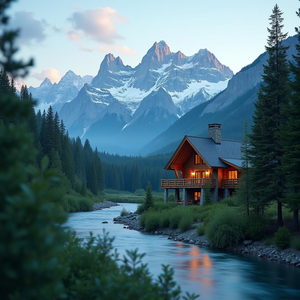 Canadian mountain range with river flowing through and wooden lodge