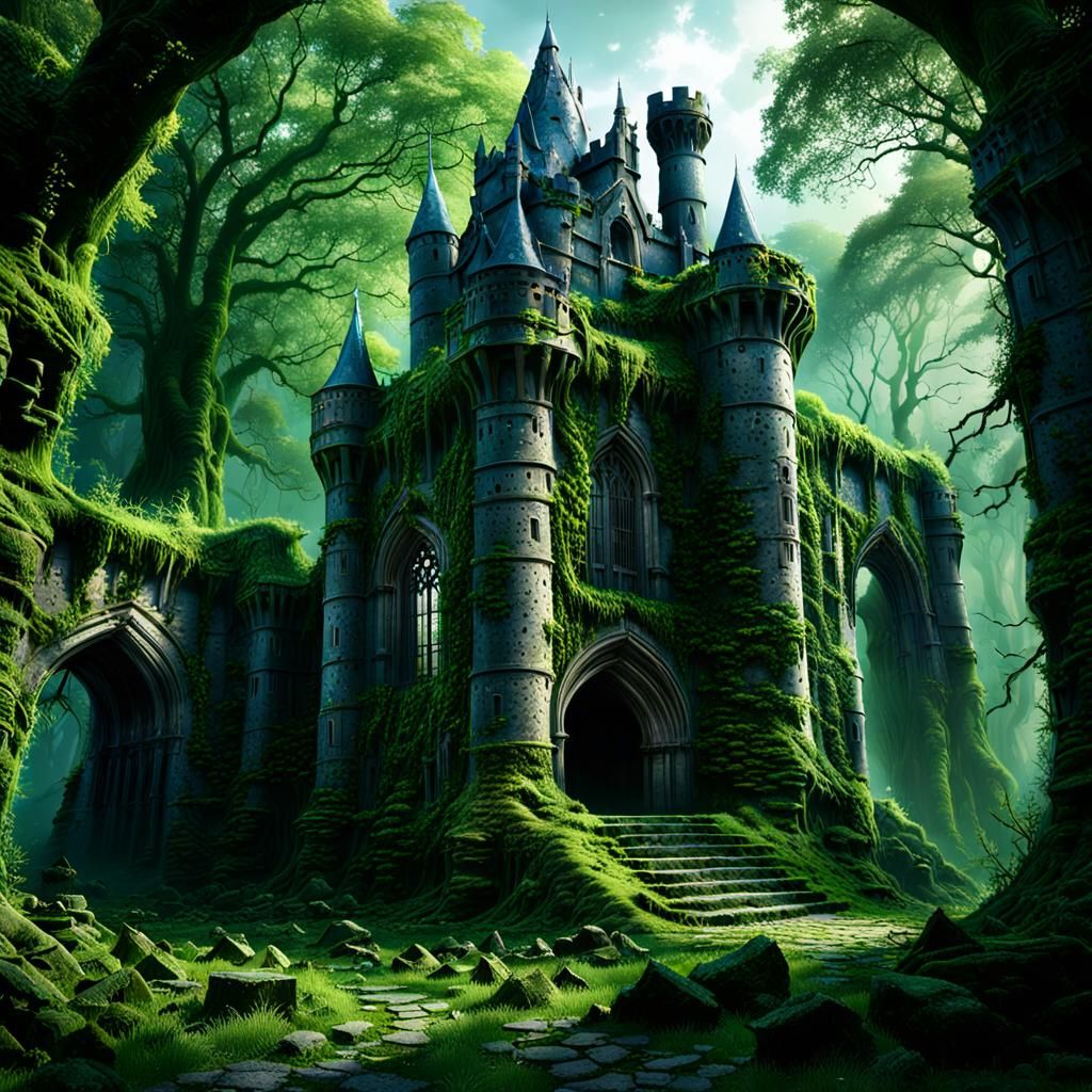 In an old forest there is ruins of an very old castle with a...
