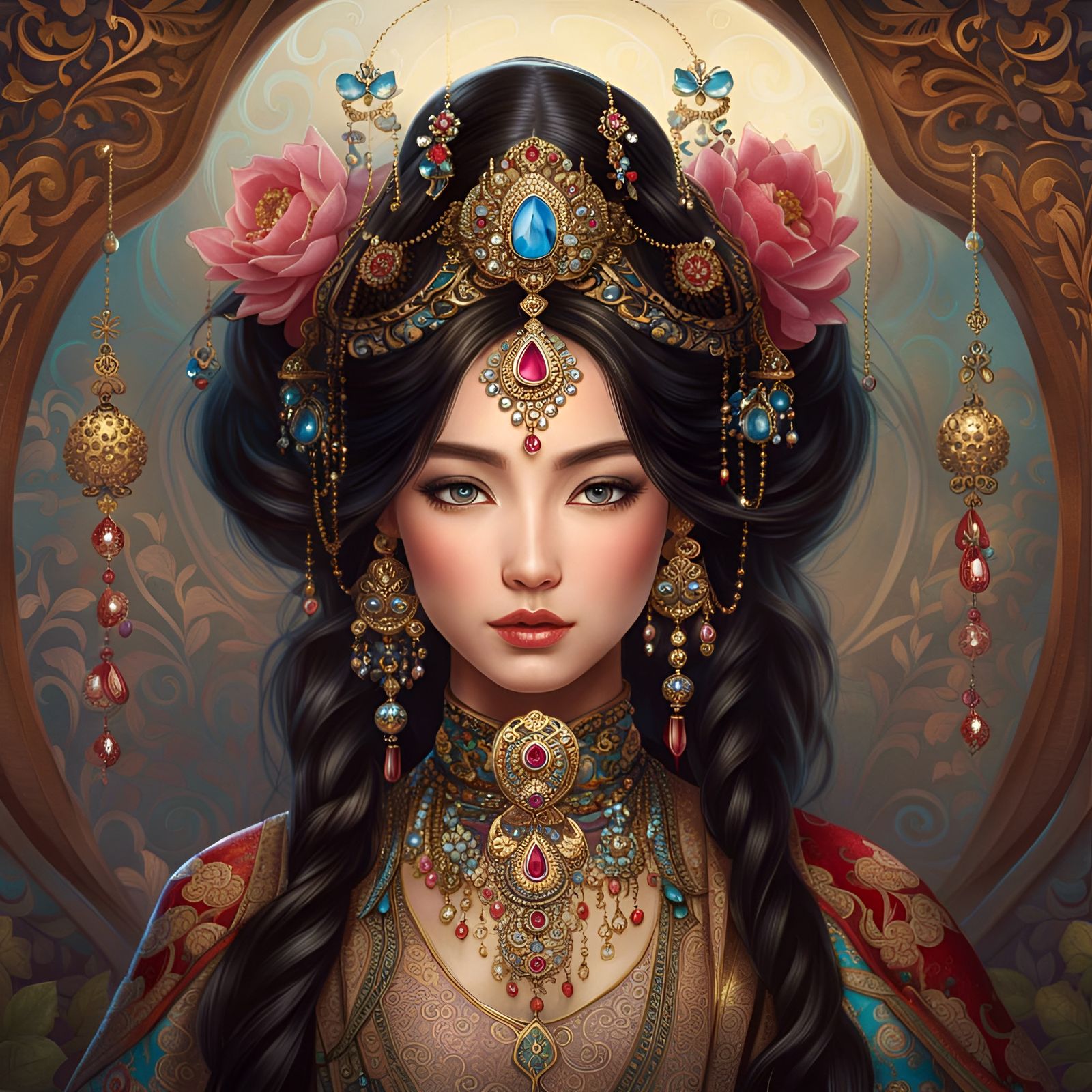 Portrait of a Beautiful Oriental Princess with Extravagant Gemstone ...