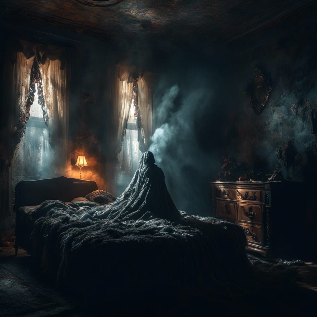<lora:MJ6 Nightmare:1.0> a disturbing image of a shadowy figure standing at the foot of a bed, hyperrealistic, photorealistic, by photograph...