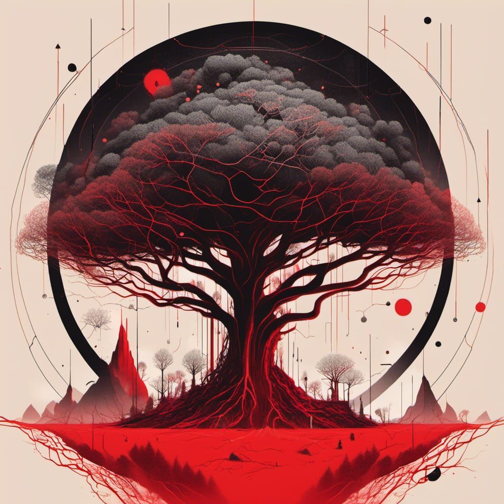 <lora:cminimalisk:1.0> minimalism  black and red science fiction cover illustration ; epic magnificient cinematographic scenery : black tre...