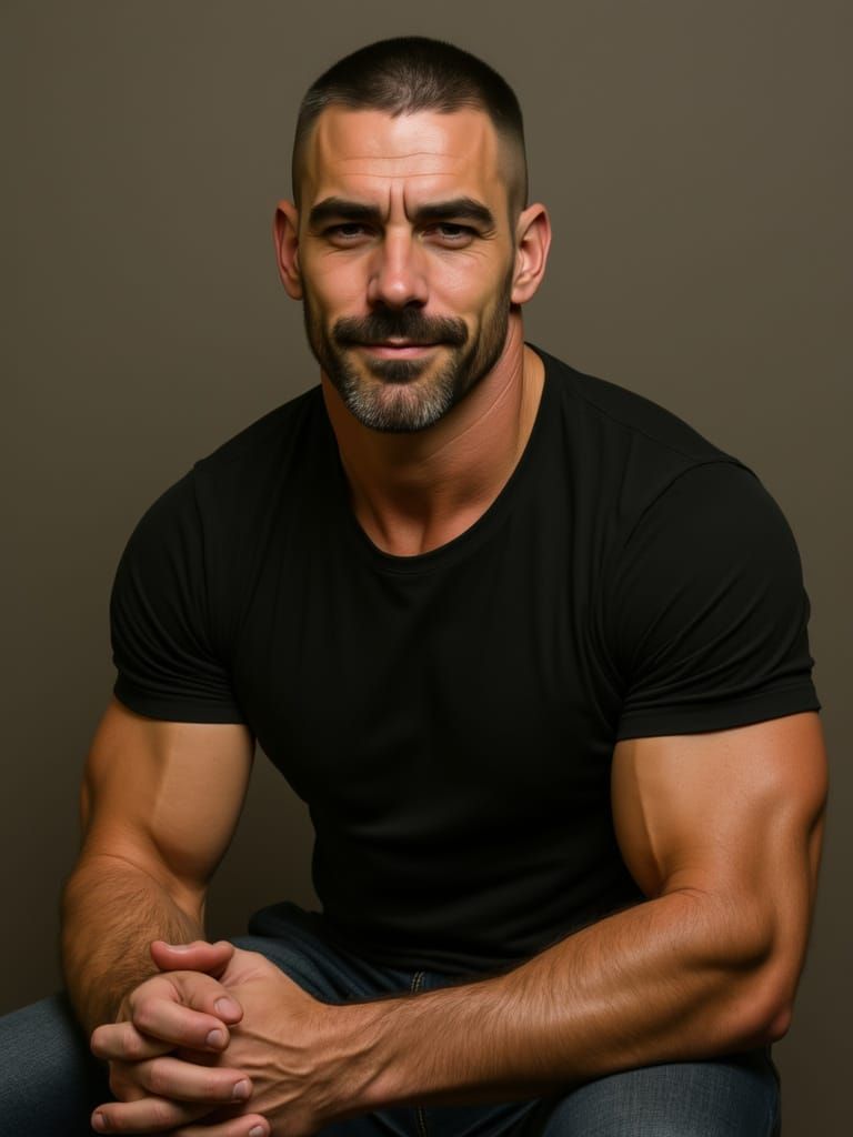 <lora:Adam:1.0>Adam, Scottish, mature, athletic, natural proportions, buzzcut and beard, rugged, realistic, grounded. Subtle chest and arm d...