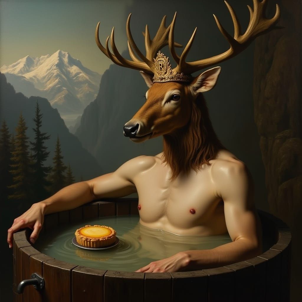 vintage oil painting style stag head wearing a crown with an 'R" embossed in silver, stag head merged into a very tanned...