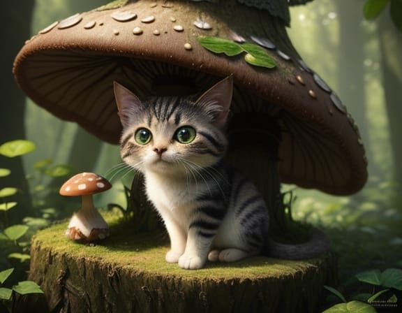 Cute Cat Sits on Glowing Mushroom in Whimsical Fantasy Art