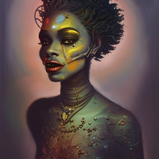 Androgynous dark-skinned Regal orisha, moonlit water, audrey...