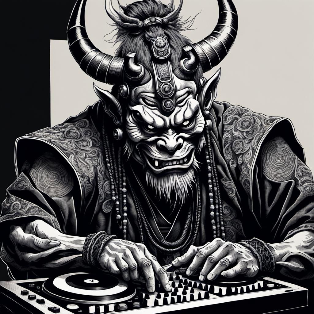 Oni Demon mastering the art of beat matching on a Dj control...