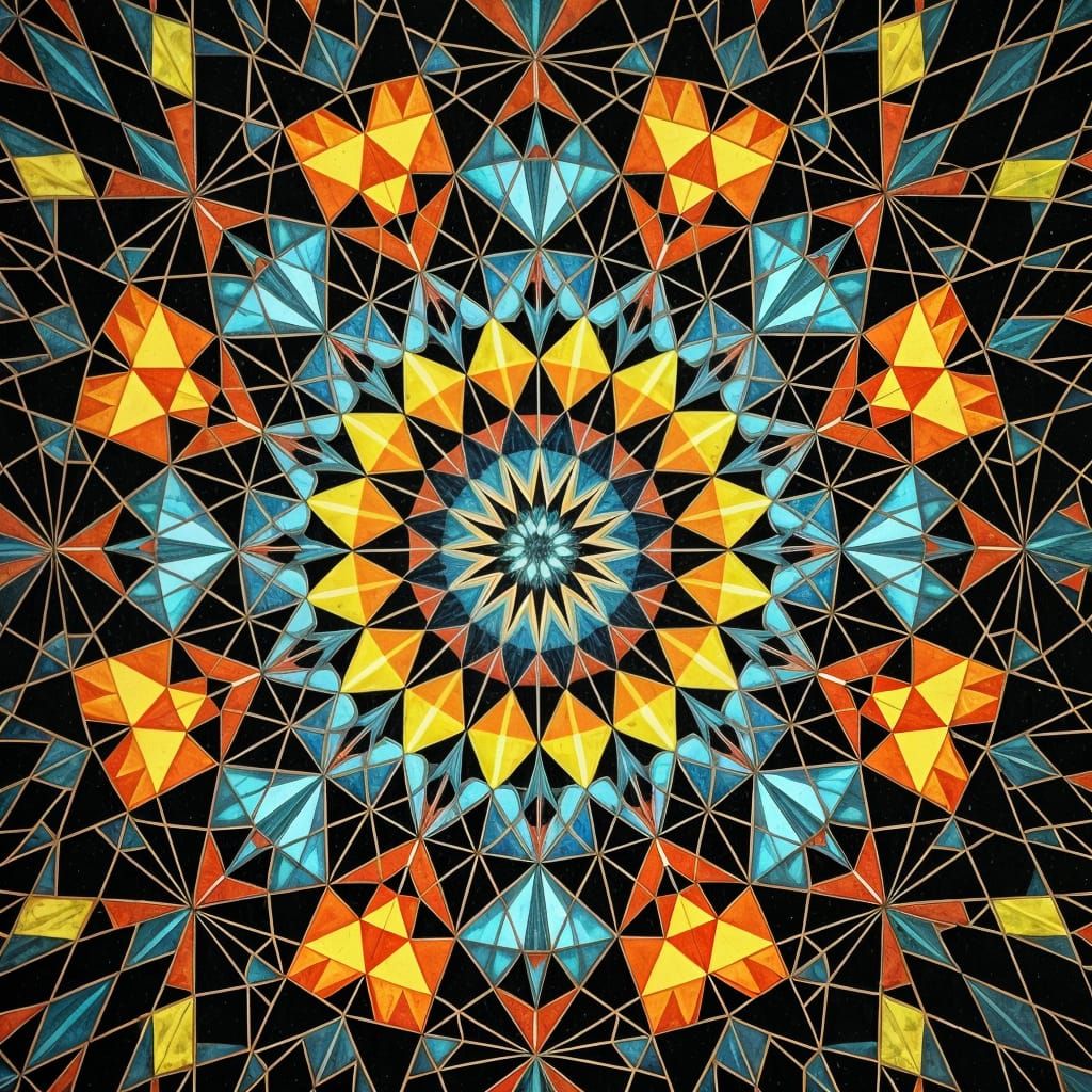 View through an octagonal kaleidoscope. Geometric designs radiate from the center. Glass reflects many ...  by @Carlos