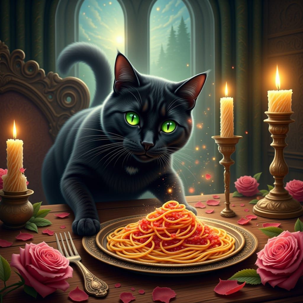 scintillating Albus the black cat emerald green eyes celebration celestial Thomas Kinkade fancy dinner spaghetti roses romantic 🍝✨💖 <lora:AL...