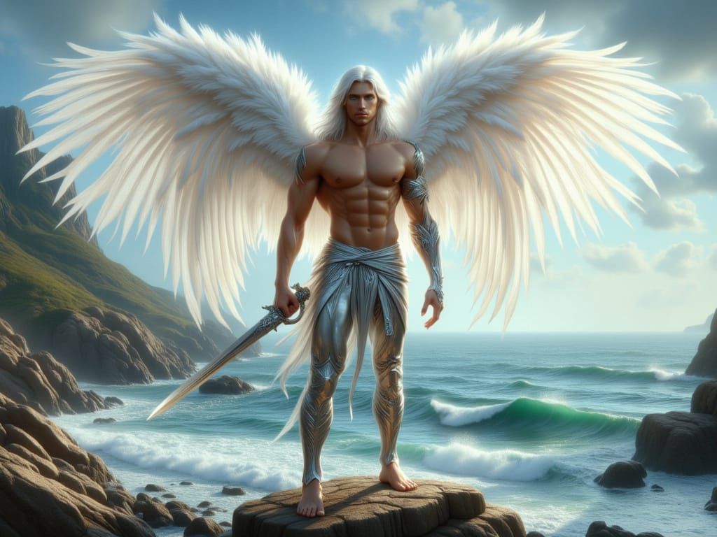 <lora:FiosMysticalArcadia:1.0> Male Angel on the beach
