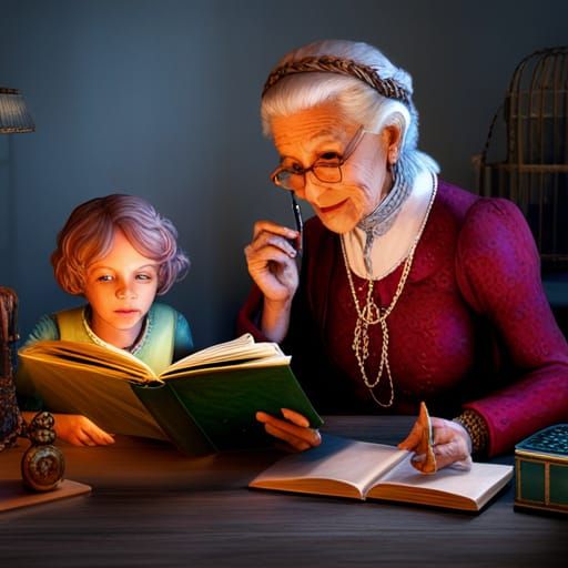 Old lady reading a book to a girl, 8k resolution, a masterpiece, 35mm ...