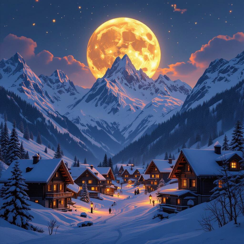 Twilight Village Under Golden Moon in Cinematic Realism