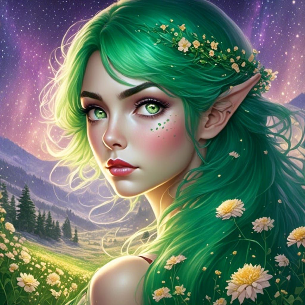 A green haired elf in a field of glowing flowers - AI Generated Artwork ...