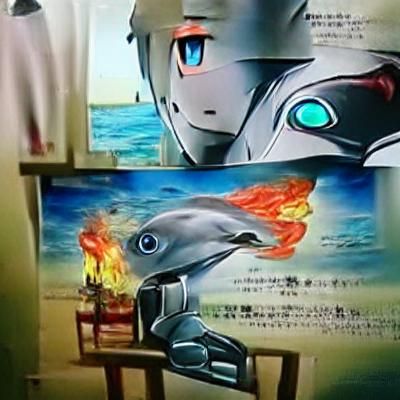 Robot looking at dolphin catching fire surrealism anime
