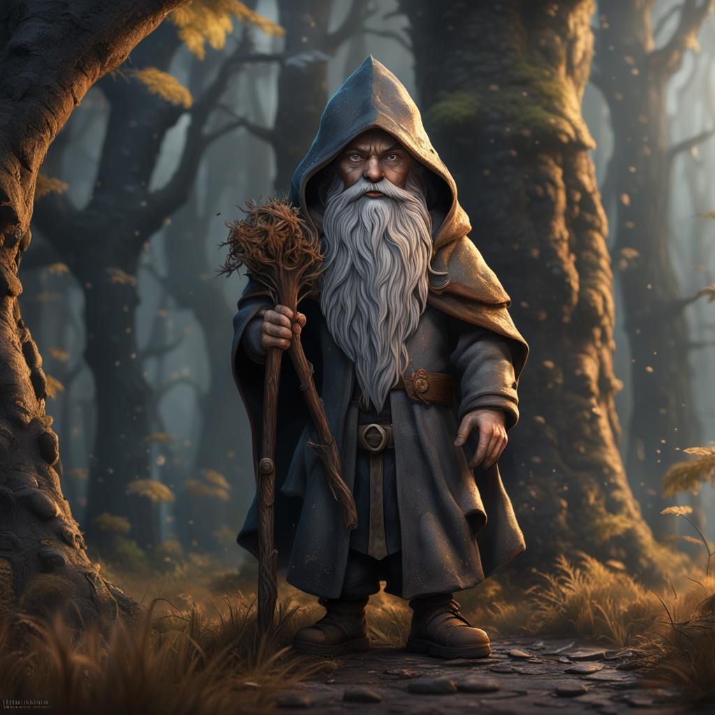 Gnome shadow wizard, gray hooded cloak, hazel eyes, brown ha...
