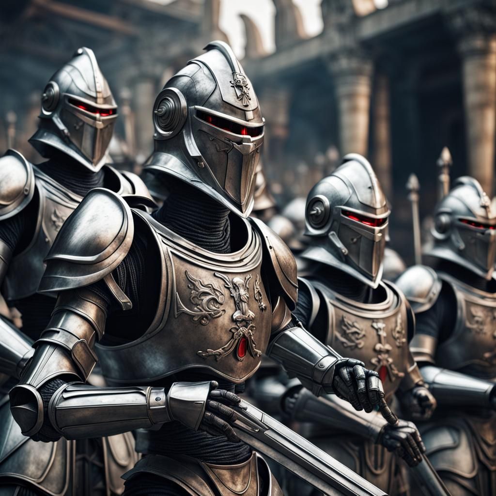 Futuristic Medieval knight's that look like cylons battling ,  intricate details, HDR, beautifully shot, ...  by @undefined