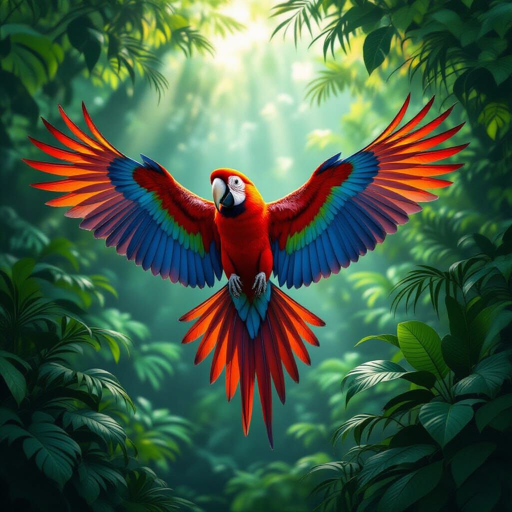 Vibrant Scarlet Macaw Spreads Wings in Lush Jungle