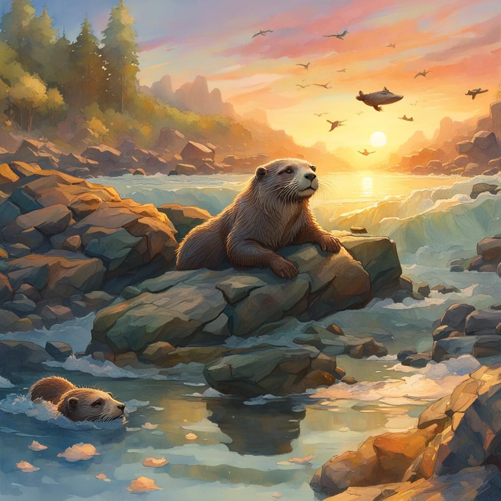 Otters (light at dawn:1.9) (watercolors:1.9) 8k resolution c...