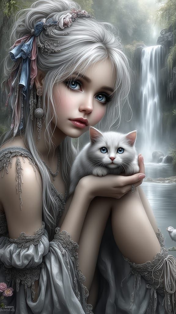 A woman with silver hair, tied up high and decorated with bows. She sits and holds a small cat in her hands. In the background is a small la...