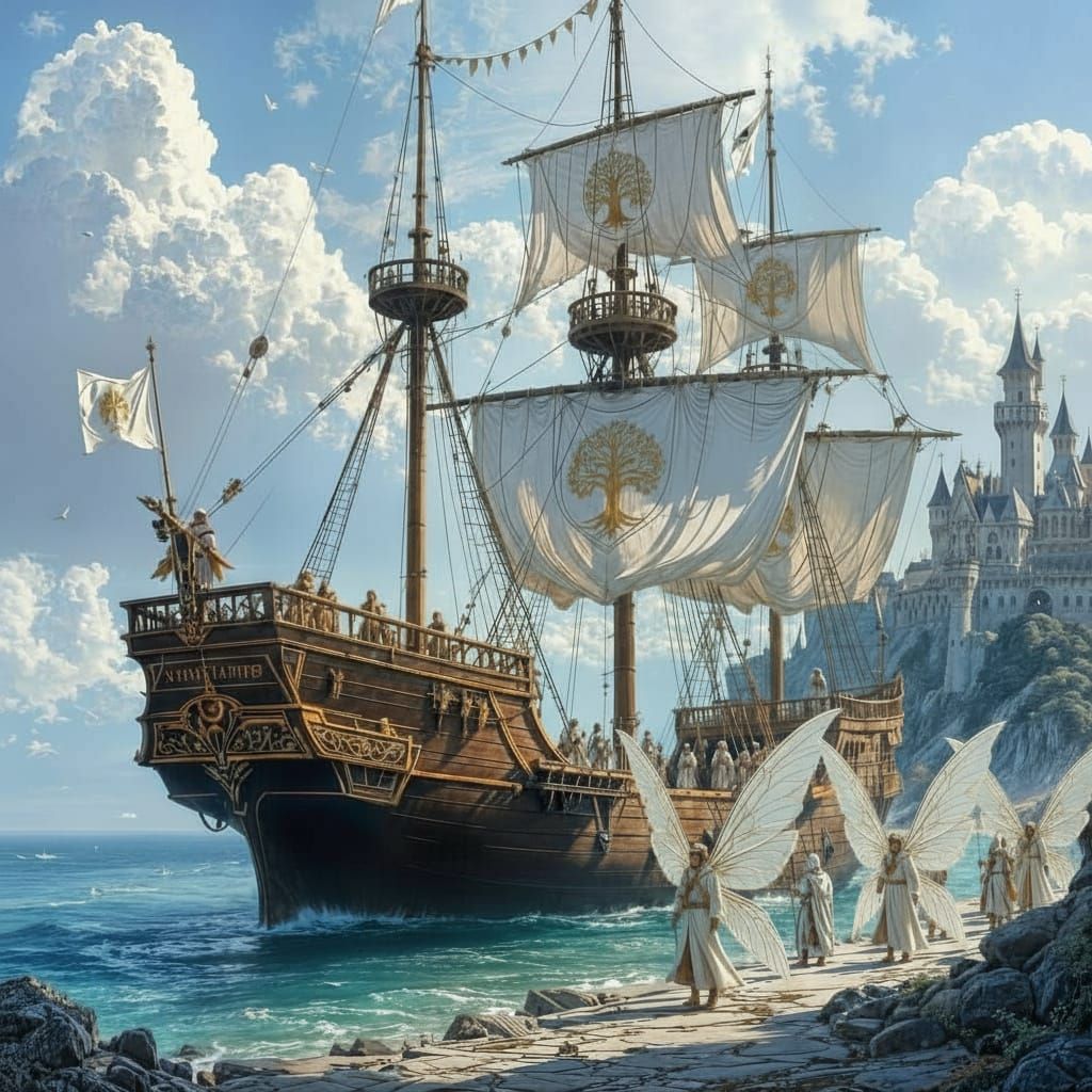 A giant white three masted sailing ship with pearl rails sir ready to sail in the bay near the castle. The ship has a white flag with the em...