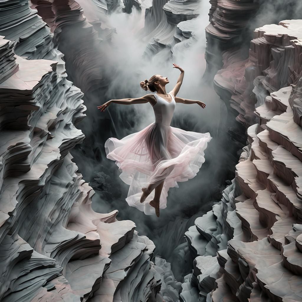 A strongly backlit pink and grey white-outlined pellucid danseuse in freefall, launched off an impossibly high cliff. 

Sharply focused silh...