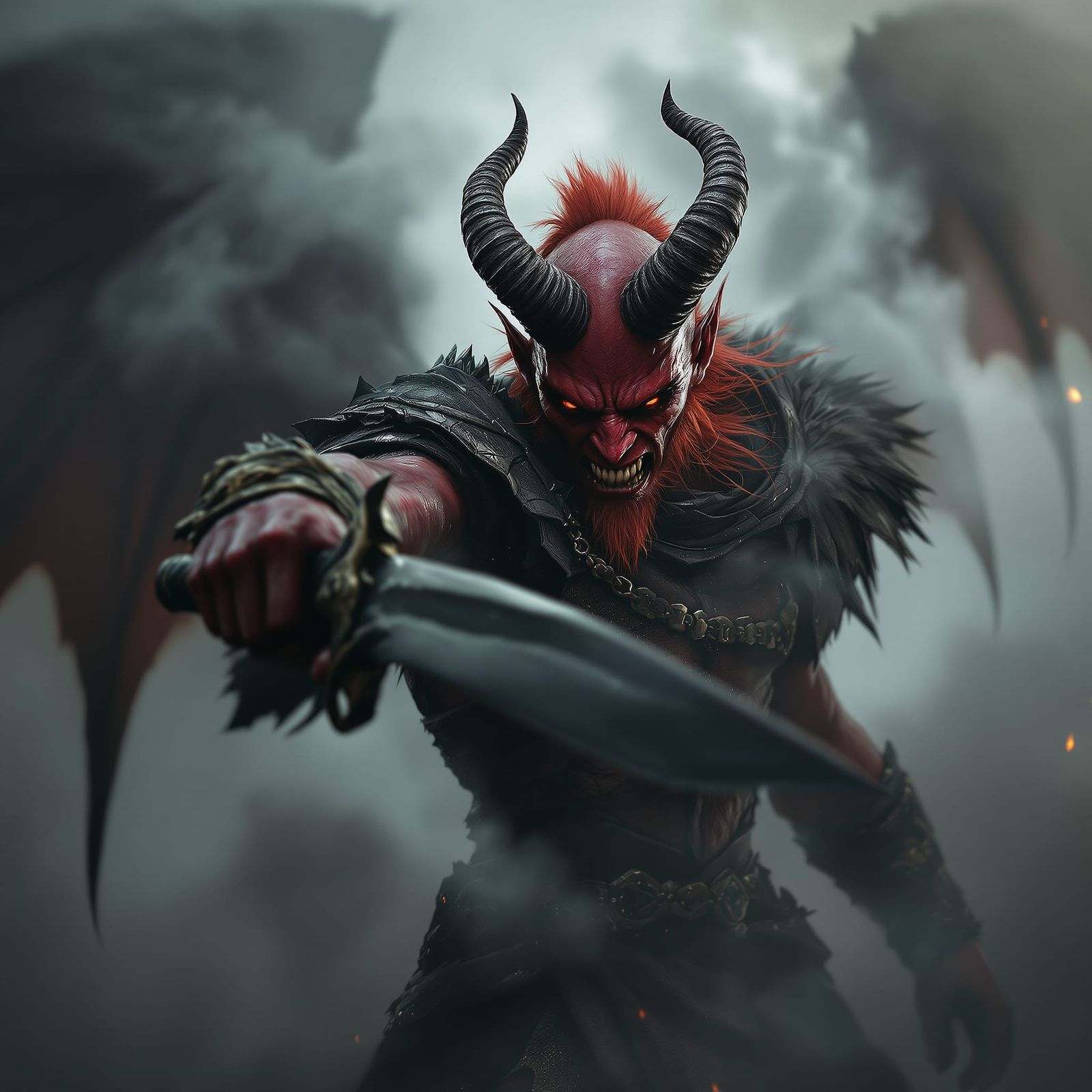 tiefling fights through the fog to stab at the viewer