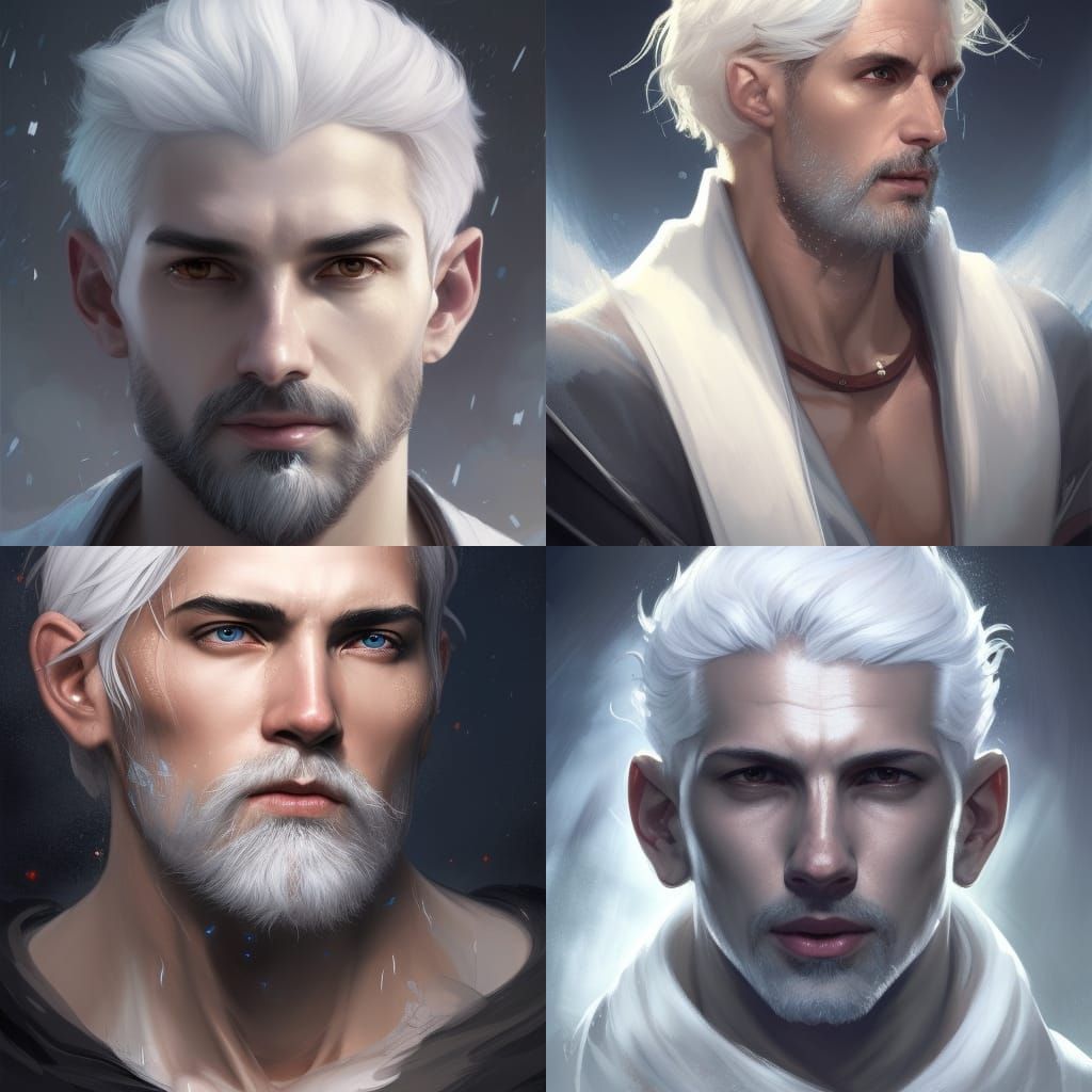 Male aasimar with white hair and gray eyes