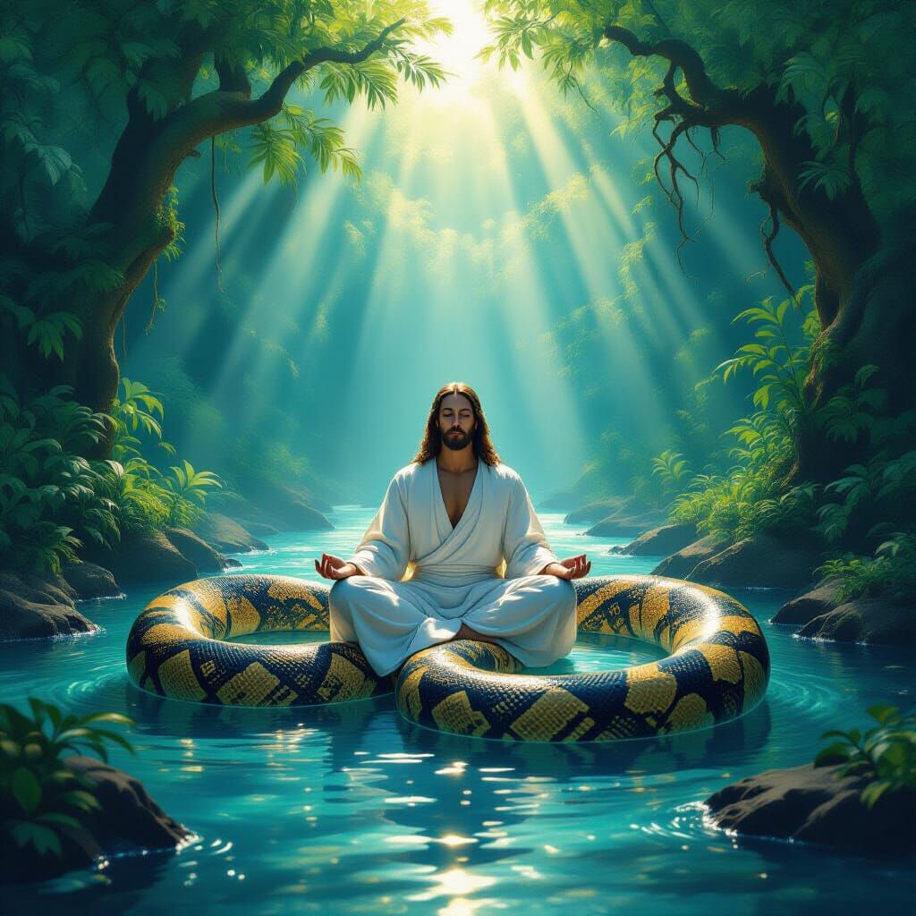 anaconda harmlessly swinging around a true yogic master in a dense forest , river is also flowing and bright midday sunl...