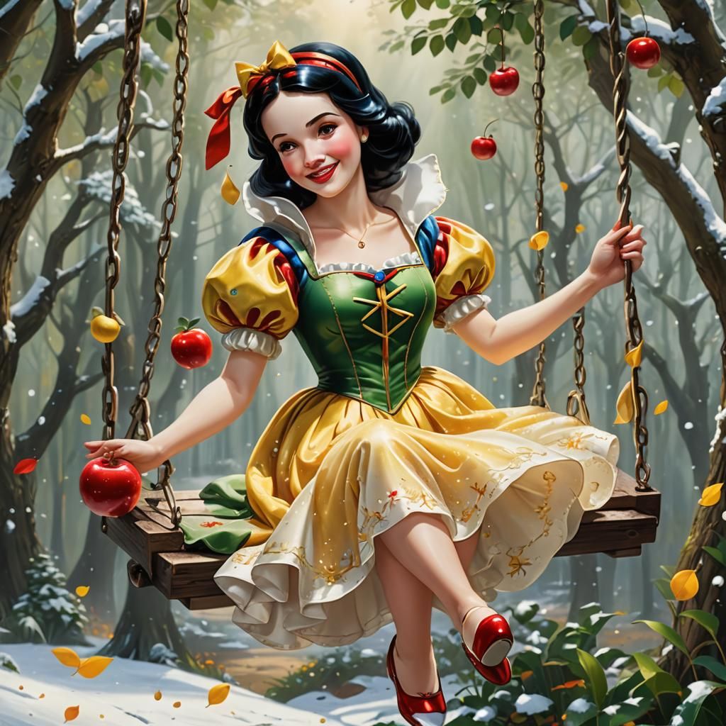 Masterpiece amazing close hapoy image of Snow White on a swi...