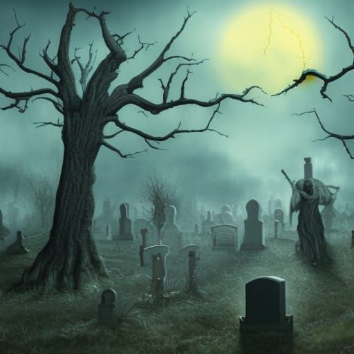 haunted grave yard zombie arms popping out of graves under a...
