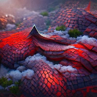 dragon scales red by a volcano house


