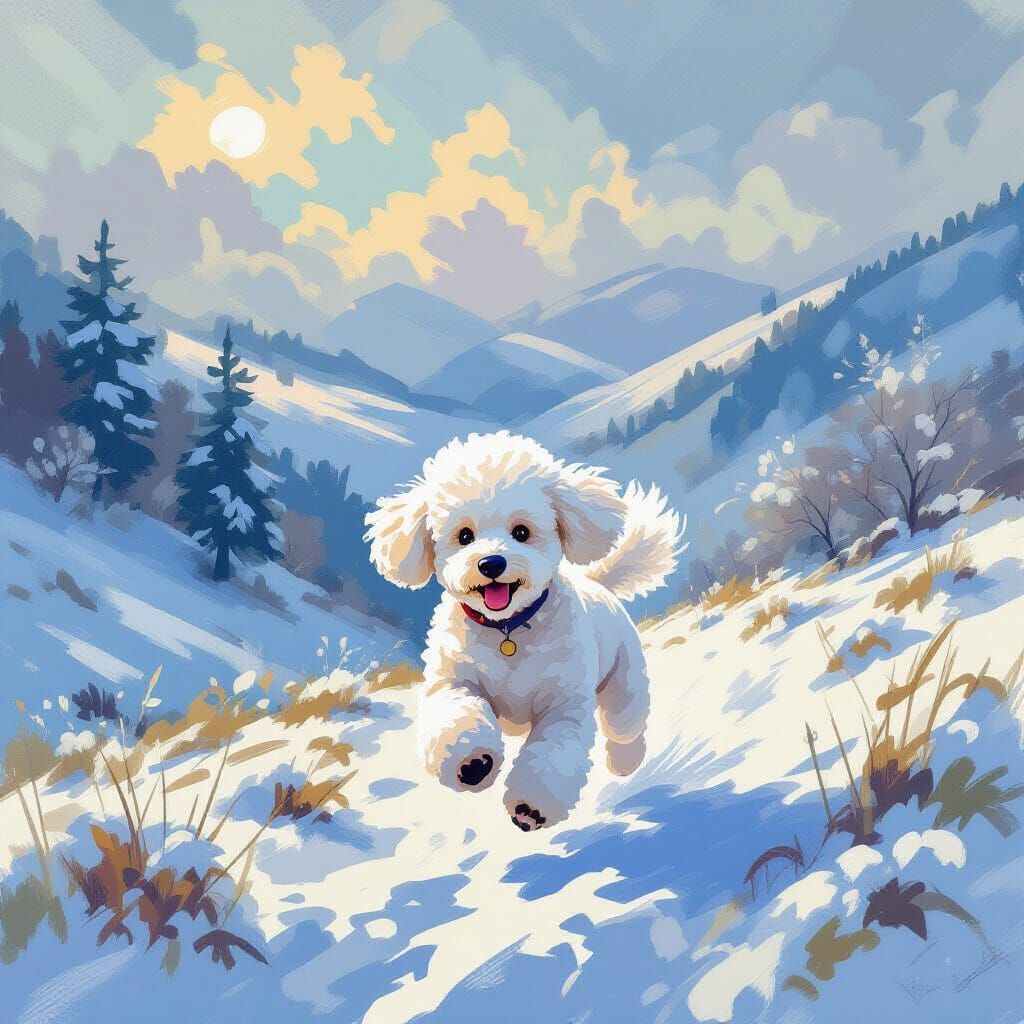 White Poodle Runs Through Snowy Valley