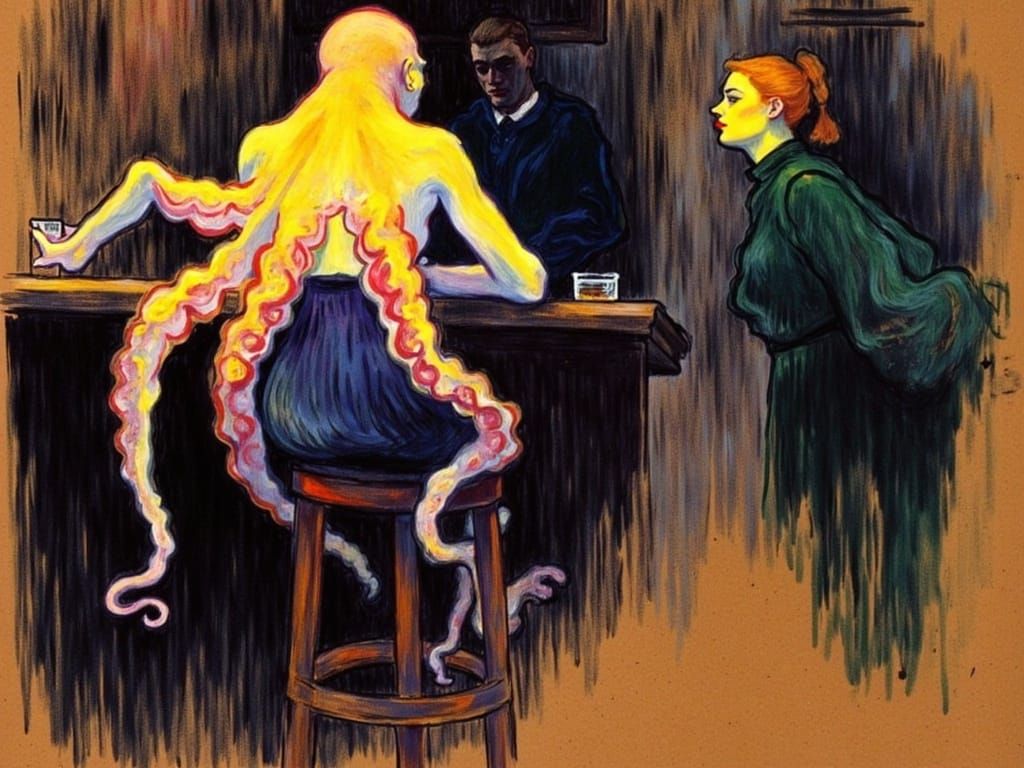 A oil pastel sketch in the style of Toulouse Lautrec <lora:toulouse-Lautrec:1.0> of  an octopus sitting on a barstool in a dimly lit whiskey...