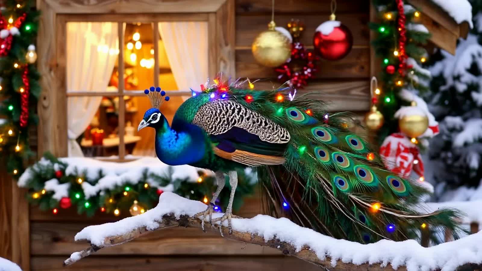 A majestic peacock, adorned with intricate, glowing holiday lights and tinsel, stands proudly on a snow-dusted branch. I...
