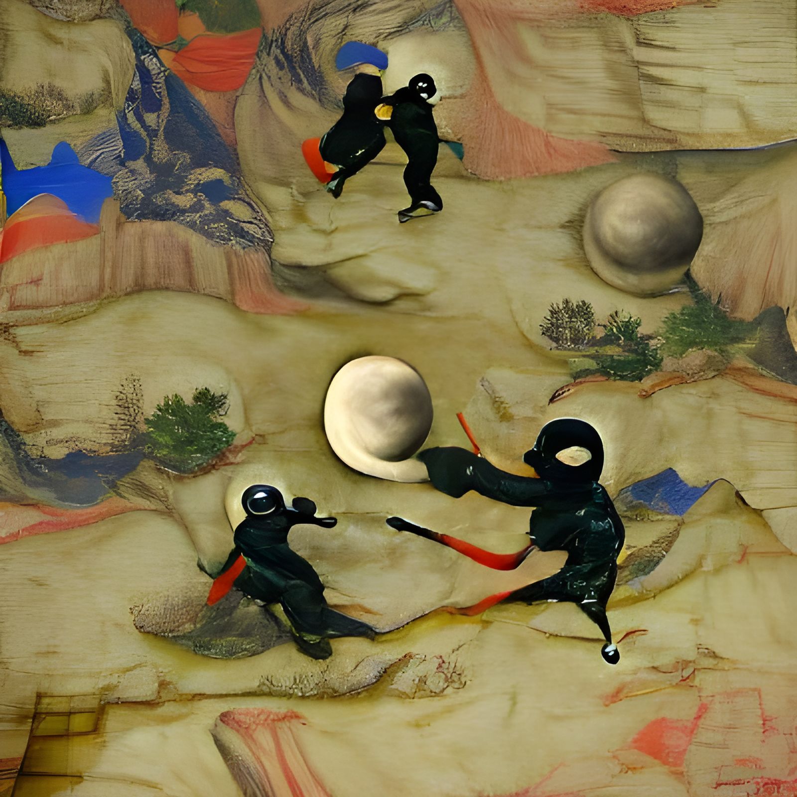 Two ninjas fighting on the moon renaissance painting